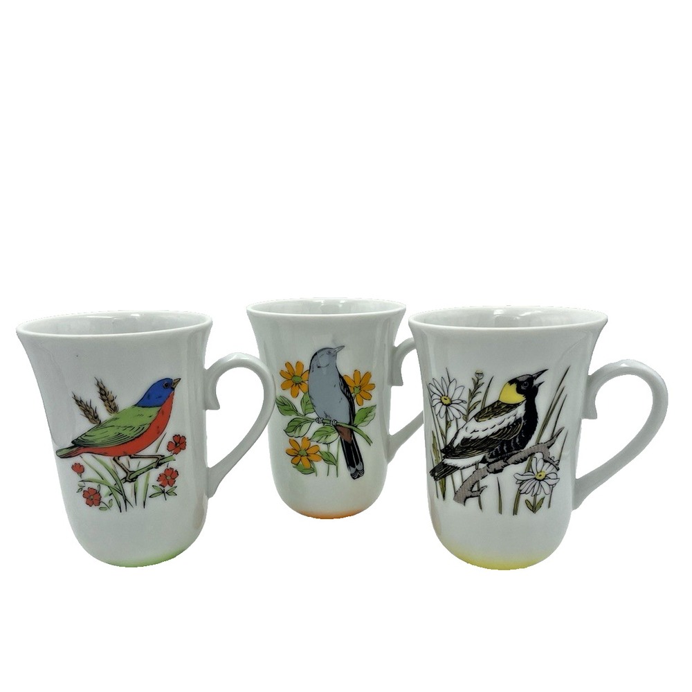 Vintage Set 3 Fred Roberts Song‎ Birds Coffee Mugs Footed Pedestal Cups MCM